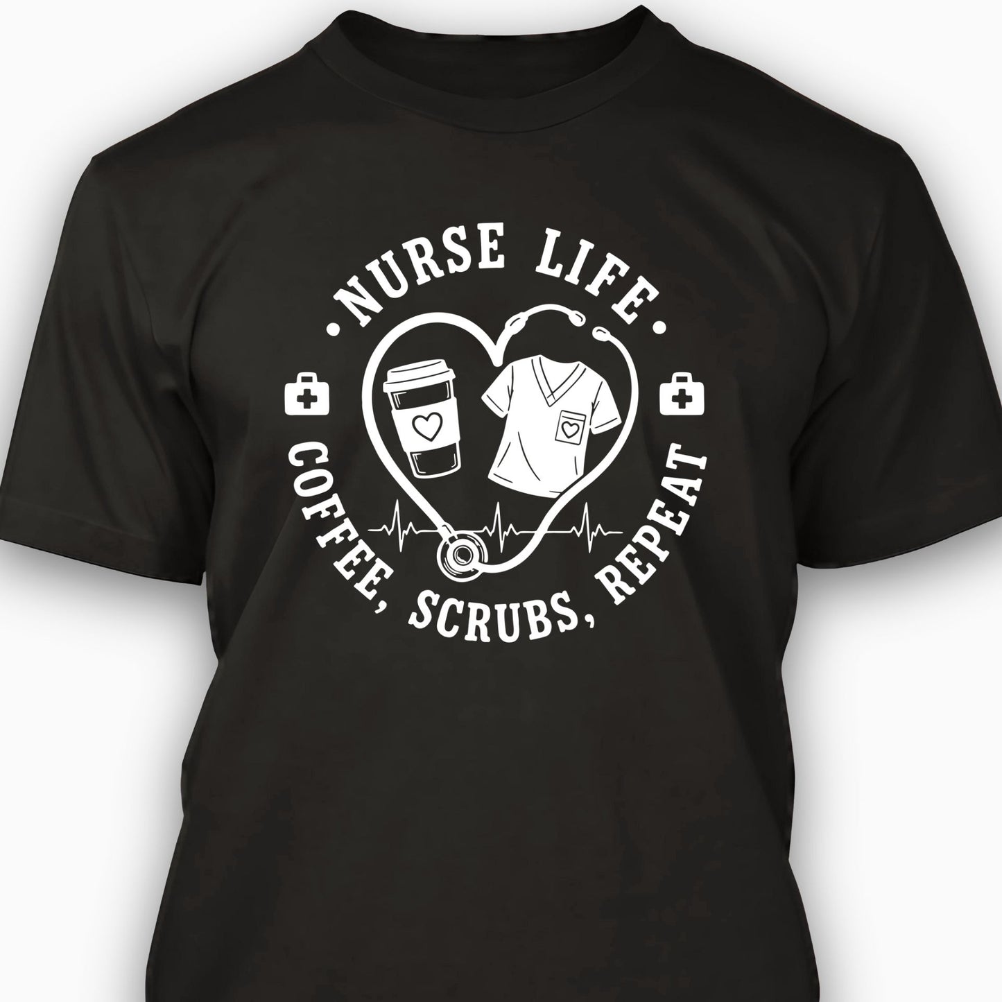 Black t-shirt with 'Nurse Life: Coffee, Scrubs, Repeat' design on a white background