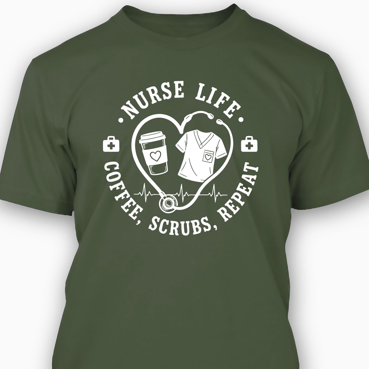 Green t-shirt with a white graphic and text on a white background