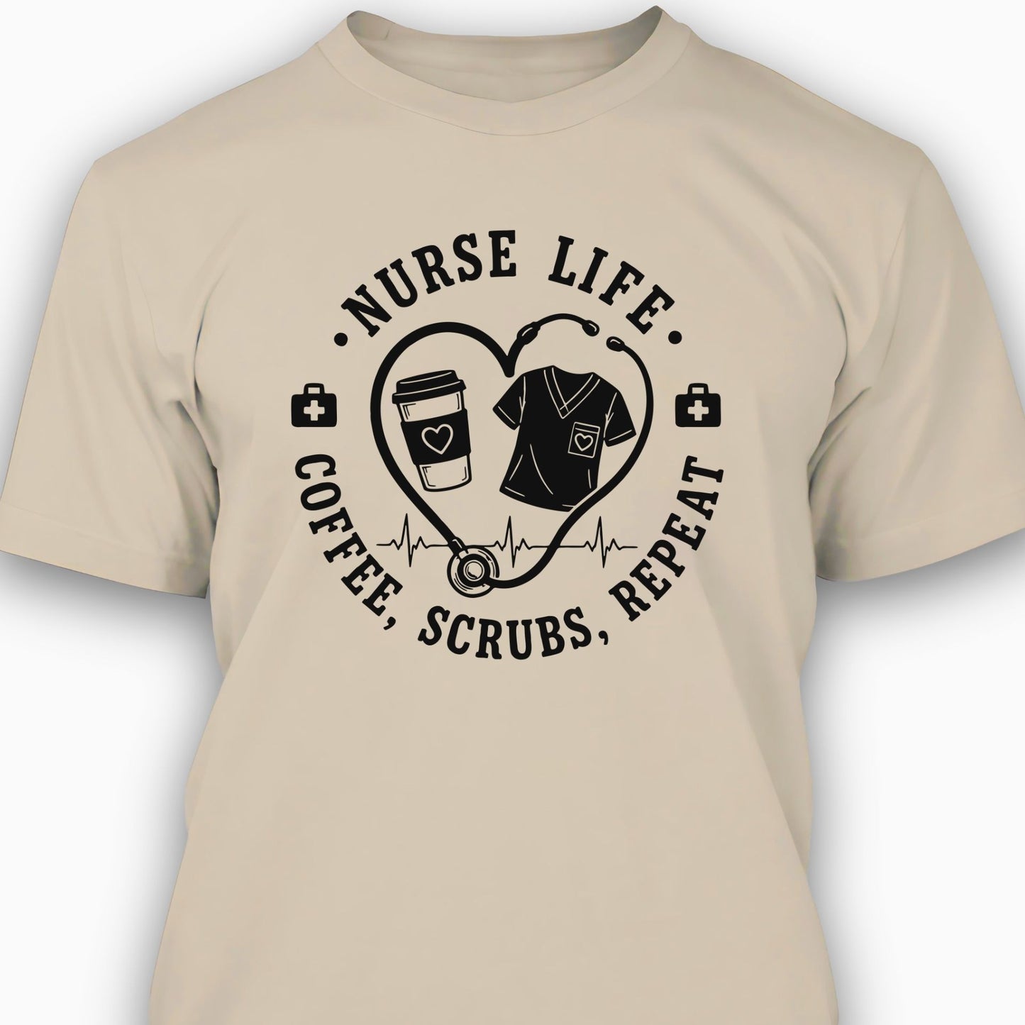 Sand t-shirt with 'Nurse Life: Coffee, Scrubs, Repeat' design on a white background
