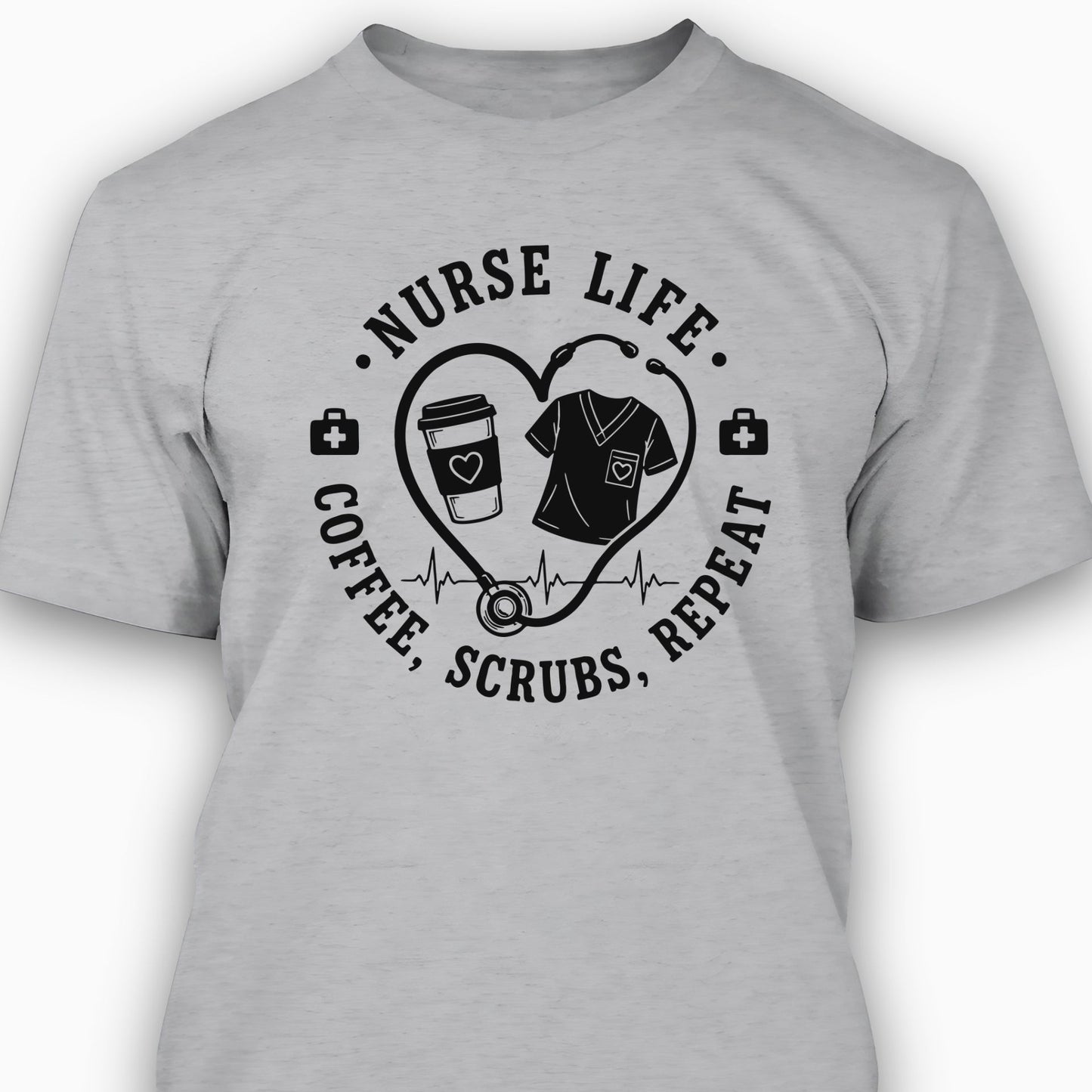 Gray t-shirt with 'Nurse Life: Coffee, Scrubs, Repeat' graphic design on a white background