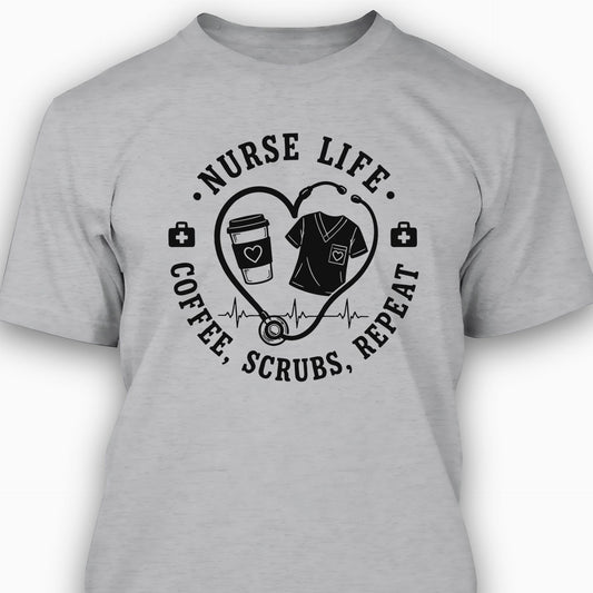Gray t-shirt with 'Nurse Life: Coffee, Scrubs, Repeat' graphic design on a white background